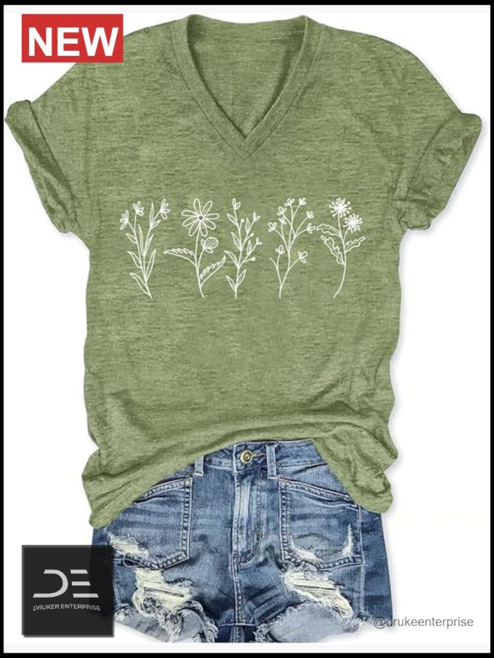 Vintage Boho Floral Graphic Tee - Short Sleeve V-Neck